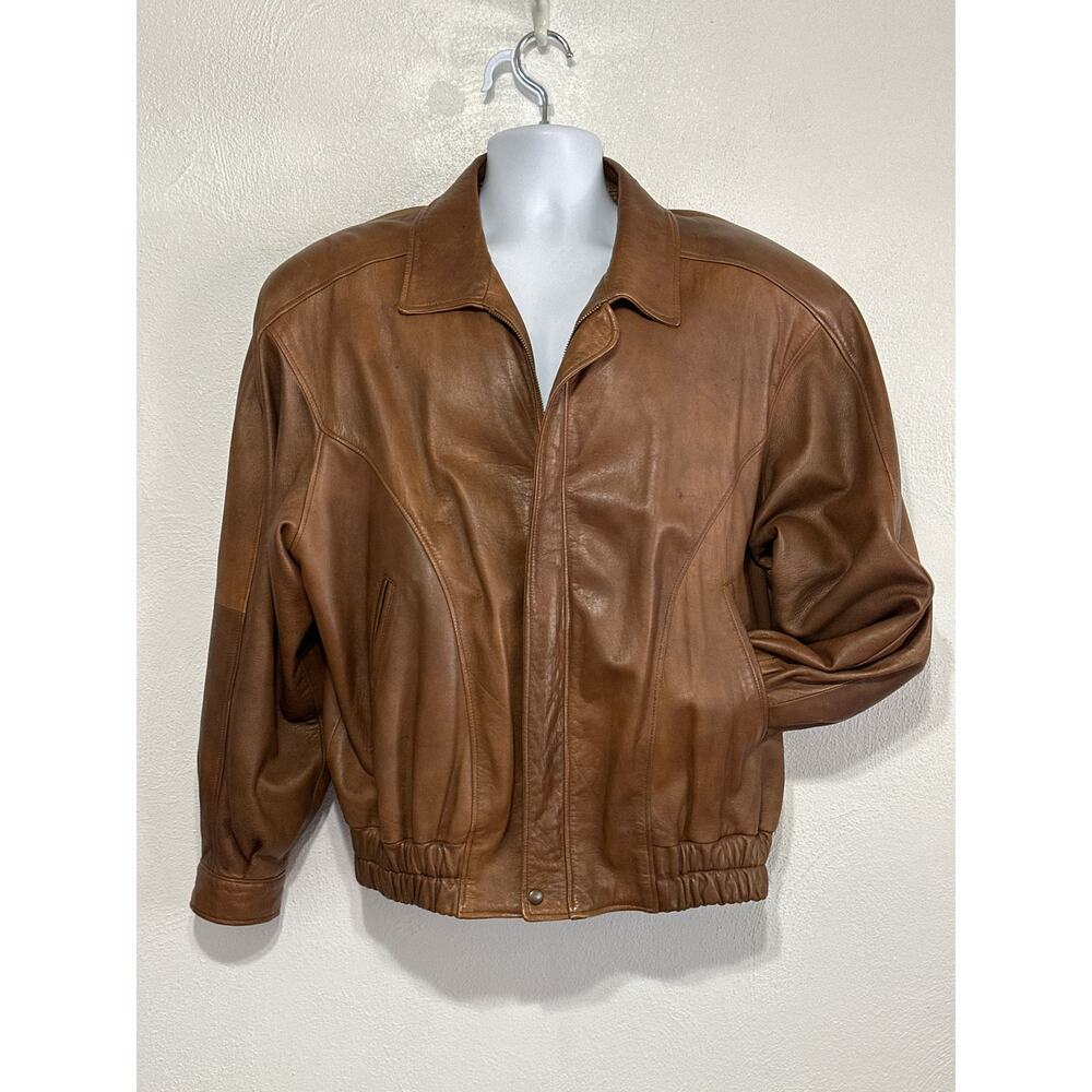 VTG Vera Pelle Italian Leather Bomber Jacket Patchwork Sleeves L Brown Soft